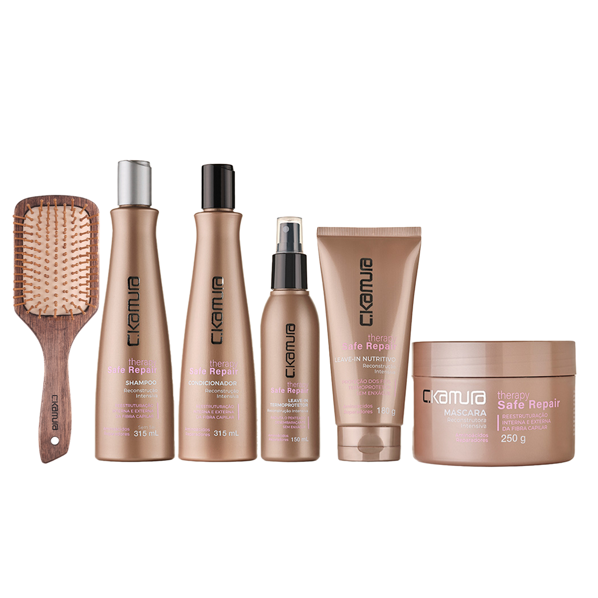Kit C.Kamura Safe Repair 5 em 1 e Escova Wood Line