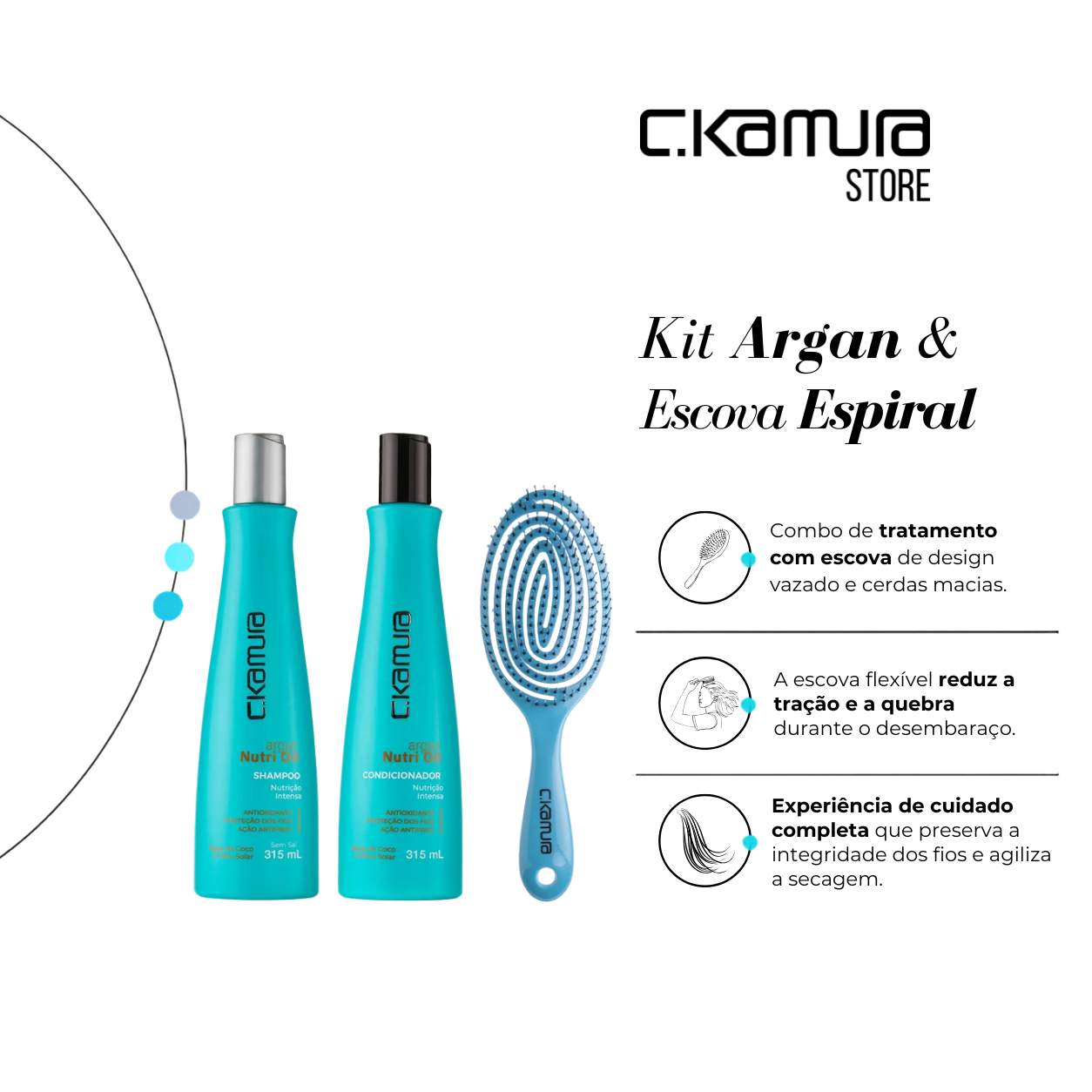 Kit C.Kamura Argan com Shampoo, Condicionador e Escova Espiral